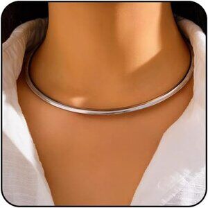 Women Silver Style6 Trendy Silver Choker Open Round Collar Choker Metal Necklace